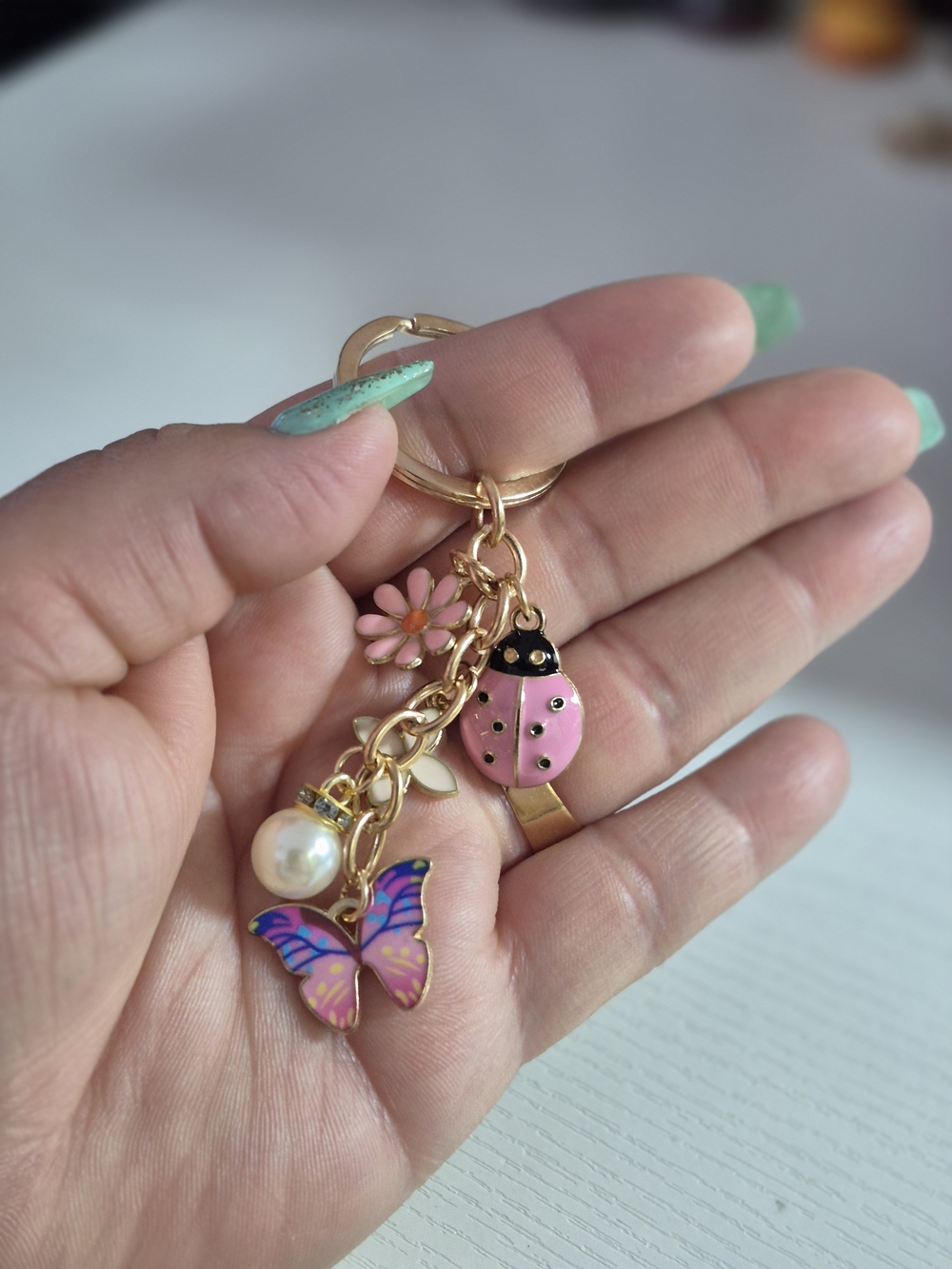 Gold-Tone Pink Enamel Ladybug & Butterfly Keychain Travel Keyholder Accessory